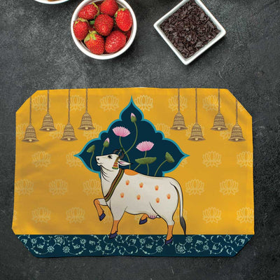 Placemats, Coaster and Trivet Set - Pichwai Cow Art Lotus Flowers & Bells
