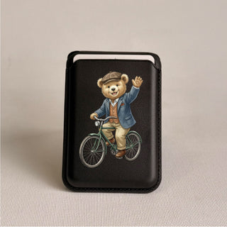 Magnetic Leatherite Phone Wallet - Cycling Teddy