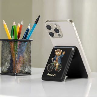 Magnetic Leatherite Phone Wallet - Cycling Teddy