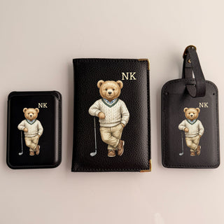 Personalised Rakhi Gift Box – Initial Teddy Passport Cover, Luggage Tag & MagSafe Wallet