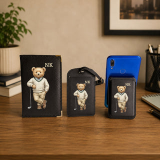 Personalised Rakhi Gift Box – Initial Teddy Passport Cover, Luggage Tag & MagSafe Wallet