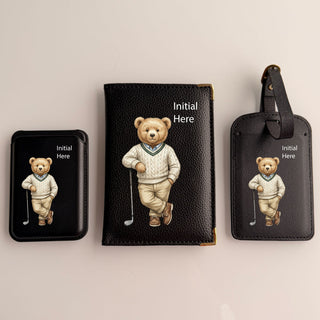 Personalised Rakhi Gift Box – Initial Teddy Passport Cover, Luggage Tag & MagSafe Wallet