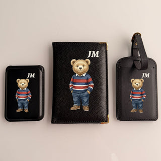 Personalised Rakhi Gift Box – Initial Teddy Passport Cover, Luggage Tag & MagSafe Wallet