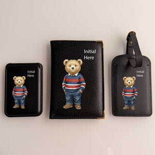 Personalised Rakhi Gift Box – Initial Teddy Passport Cover, Luggage Tag & MagSafe Wallet