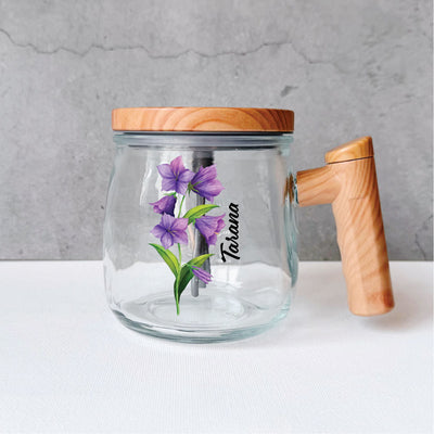 Self Stirring Glass Coffee Mug- Purple Flower