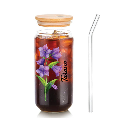 Glass Tumbler Purple Flower with Name