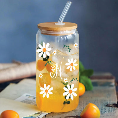 Glass Tumbler- Daisy Print Initial