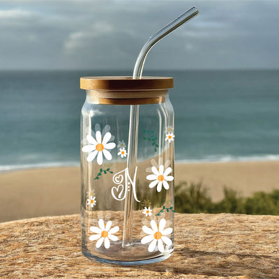 Glass Tumbler- Daisy Print Initial