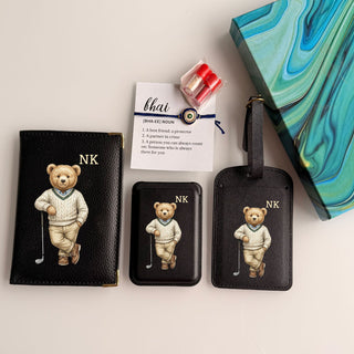 Personalised Rakhi Gift Box – Initial Teddy Passport Cover, Luggage Tag & MagSafe Wallet