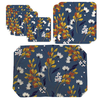 Placemats, Coaster and Trivet Set - Blue Floral Pattern