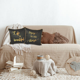 Life is Beautiful Black Cushion Cover- Gold Print