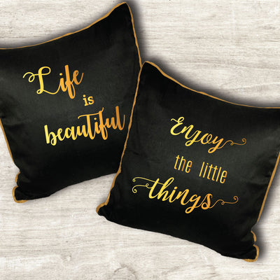 Life is Beautiful Black Cushion Cover- Gold Print