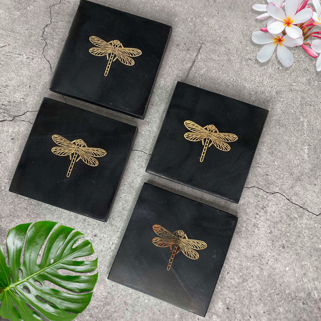 Dragonfly Black Marble Coasters